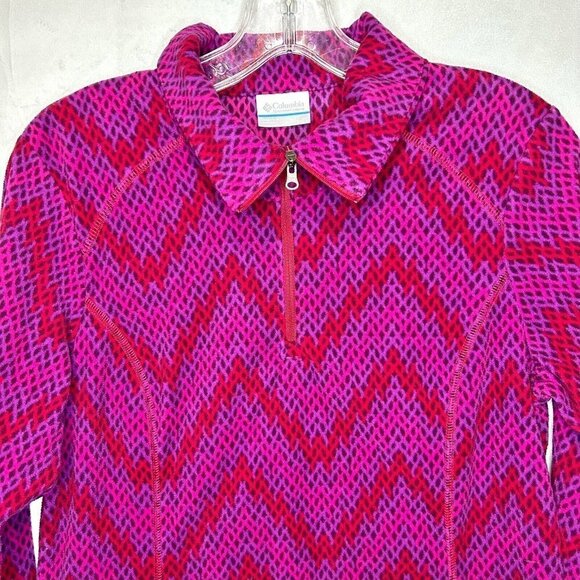COLUMBIA Fleece 1/4 Zip Diamond Print Pullover Size M Pink Red Purple - Picture 1 of 6
